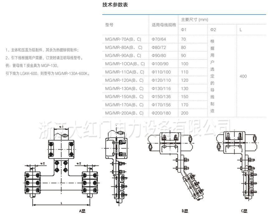 MG、MR-A型T型線夾（A型-水平、B型-30°、C型-90°）